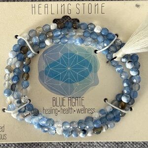 Blue Agate Healing Stone Beaded Bracelets (set of 3) | Semi Precious | Tassel